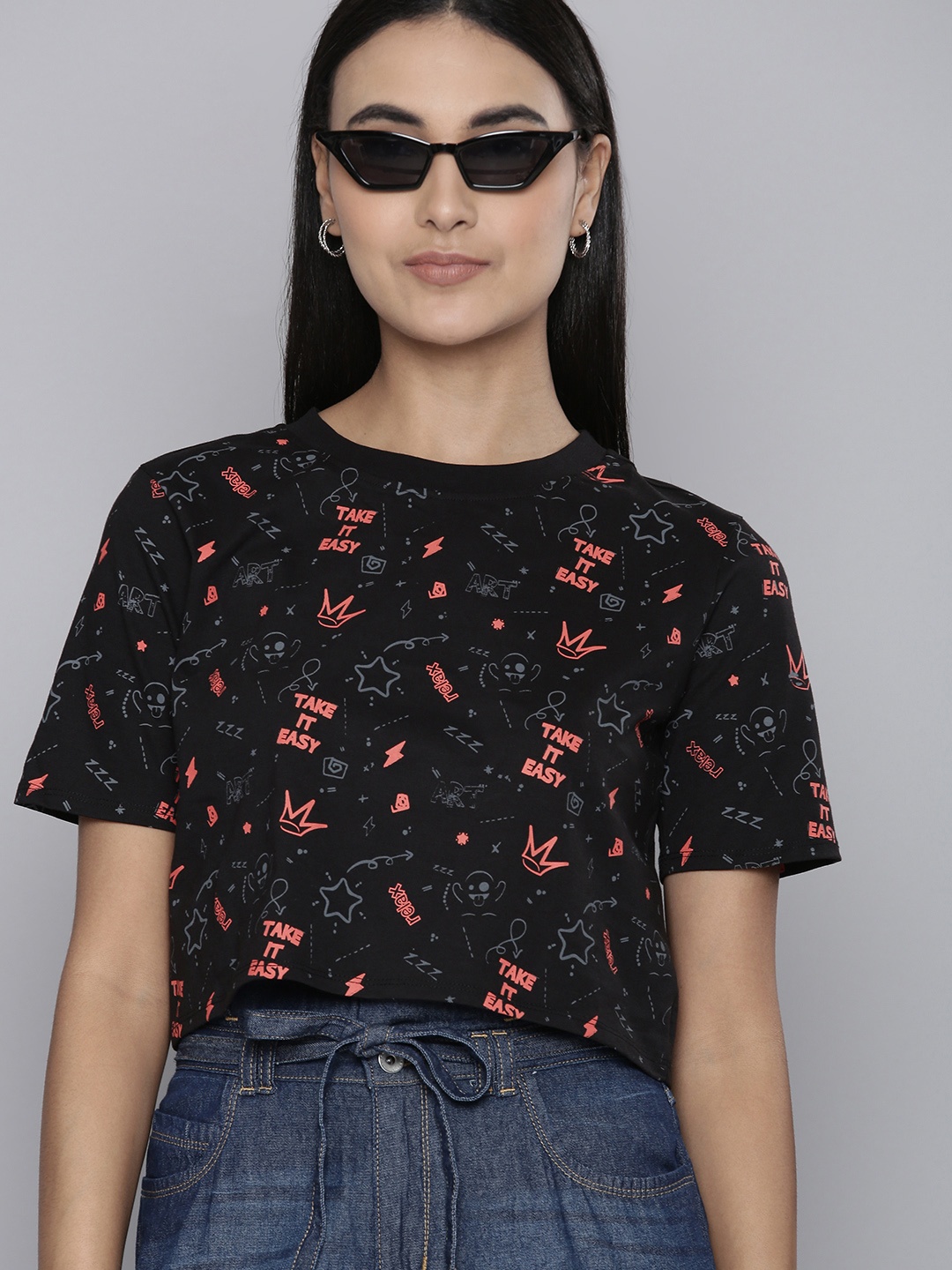 

Flying Machine Women Black Printed Pure Cotton T-shirt