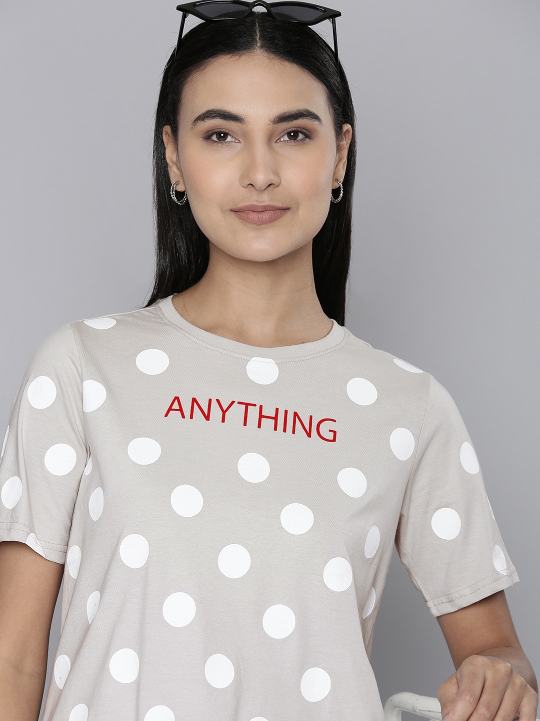 

Flying Machine Women Grey & White Polka Dots Printed Pure Cotton Boxy T-shirt