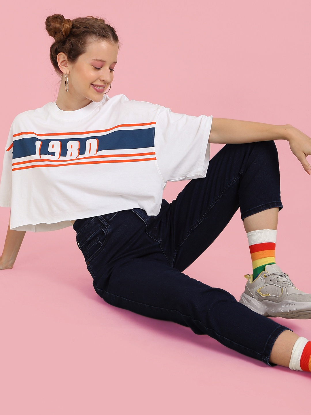 

Flying Machine Women White & Orange Varsity Printed Pure Cotton Boxy T-shirt