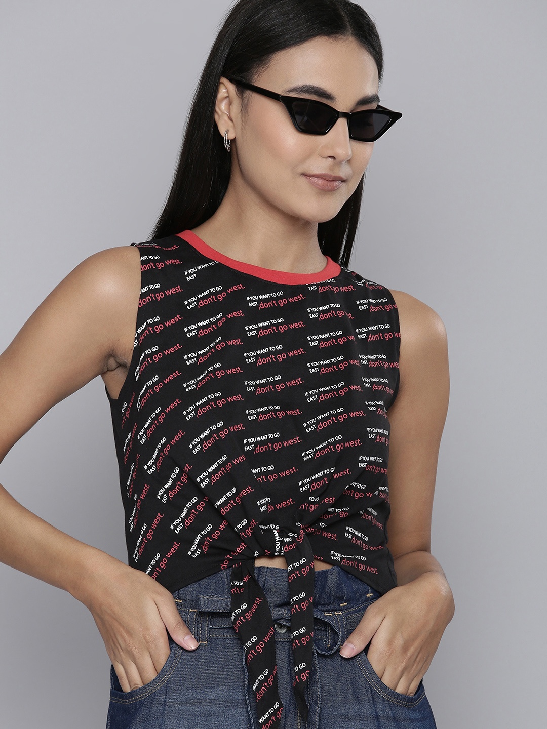 

Flying Machine Women Black Typography Printed Pure Cotton Crop T-shirt with Tie-Ups