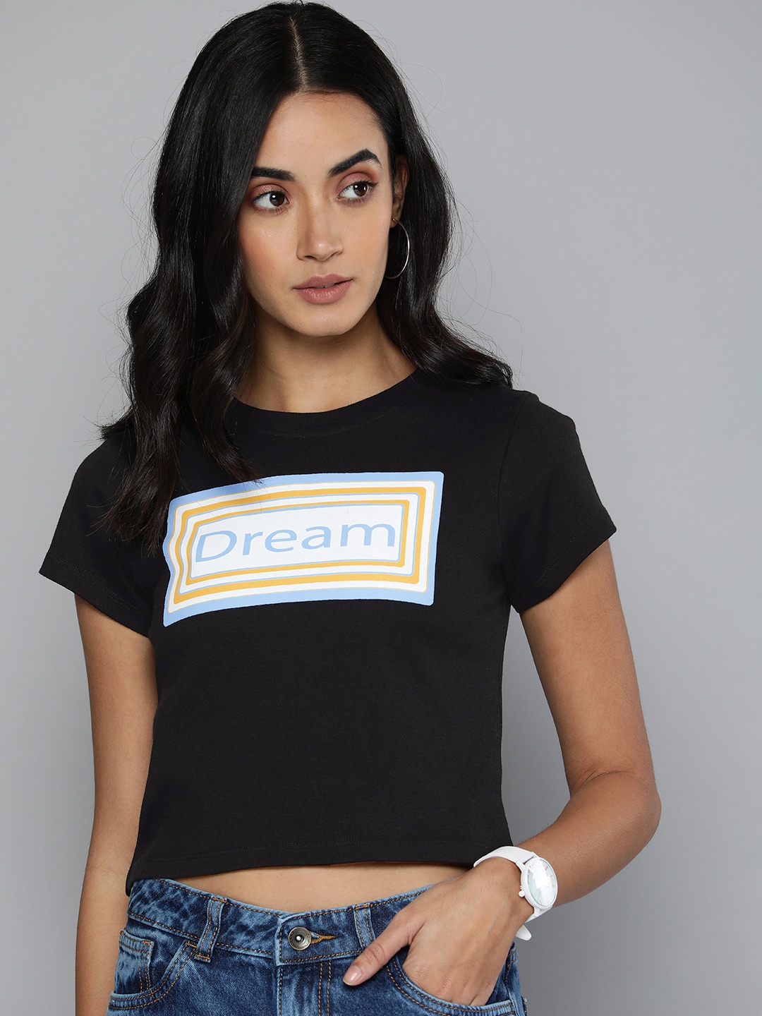 

Flying Machine Women Black Typography Printed T-shirt