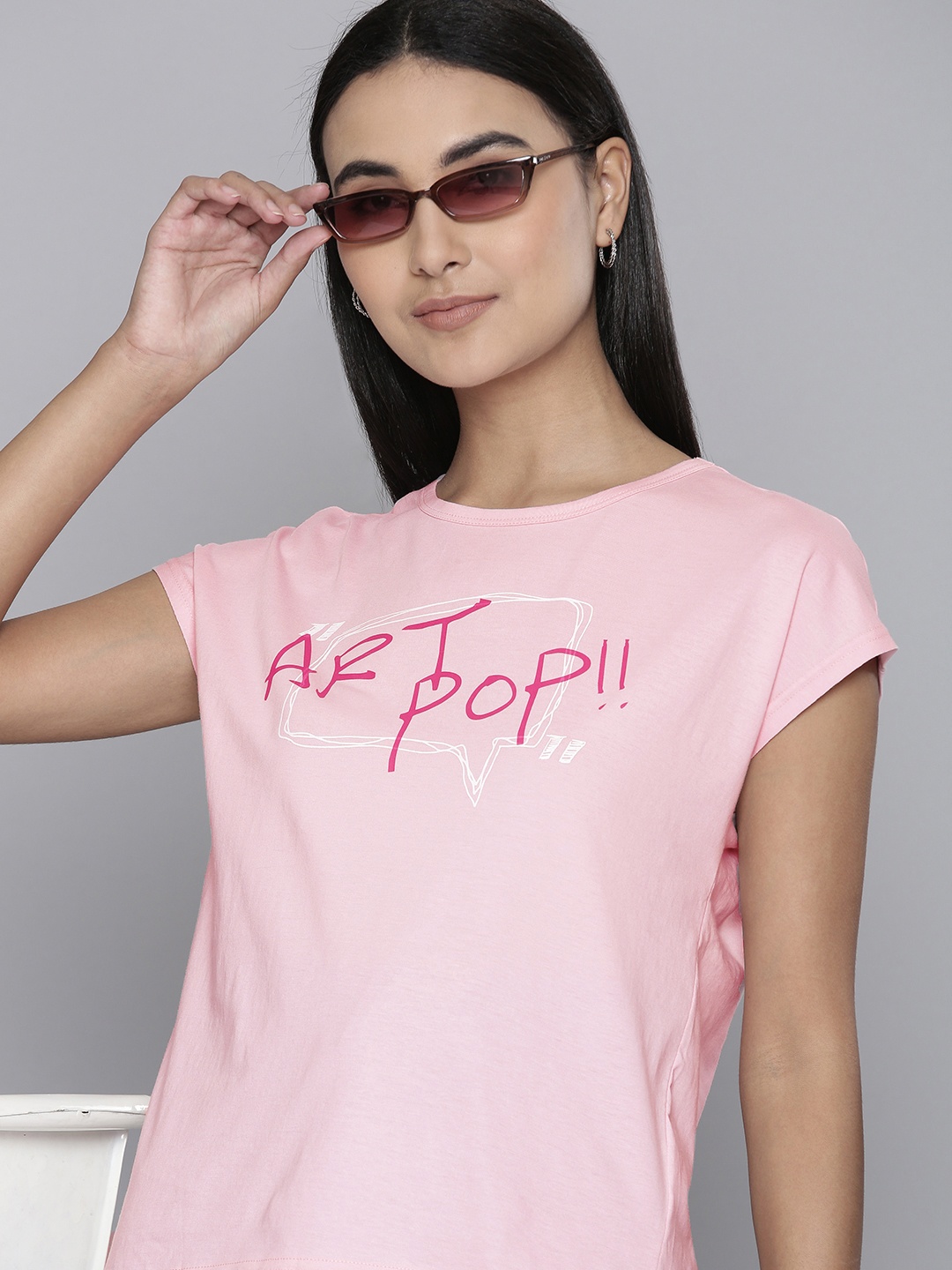 

Flying Machine Women Pink Typography Printed Extended Sleeves Pure Cotton T-shirt