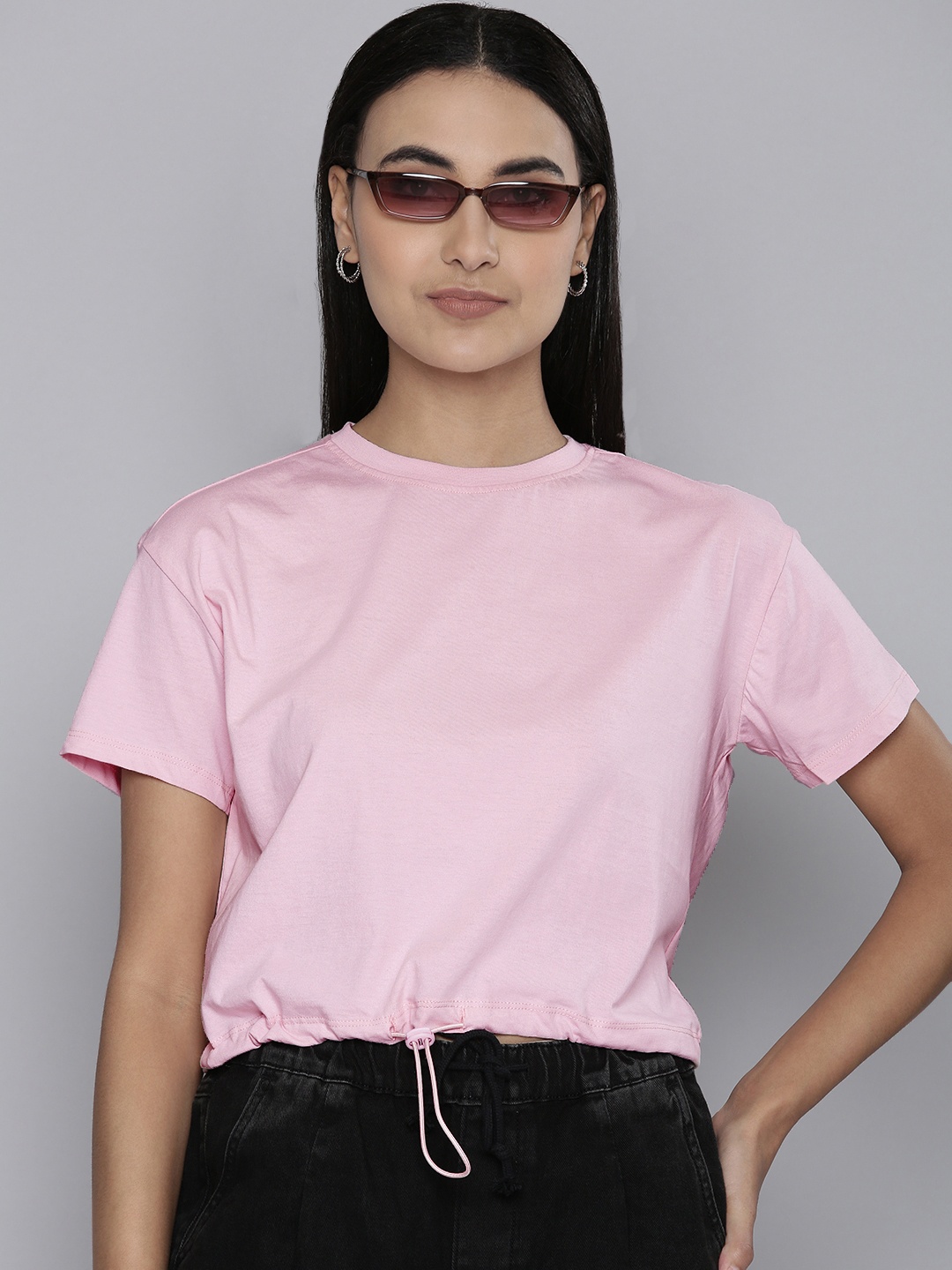 

Flying Machine Women Pink Drop-Shoulder Sleeves Pure Cotton Boxy T-shirt