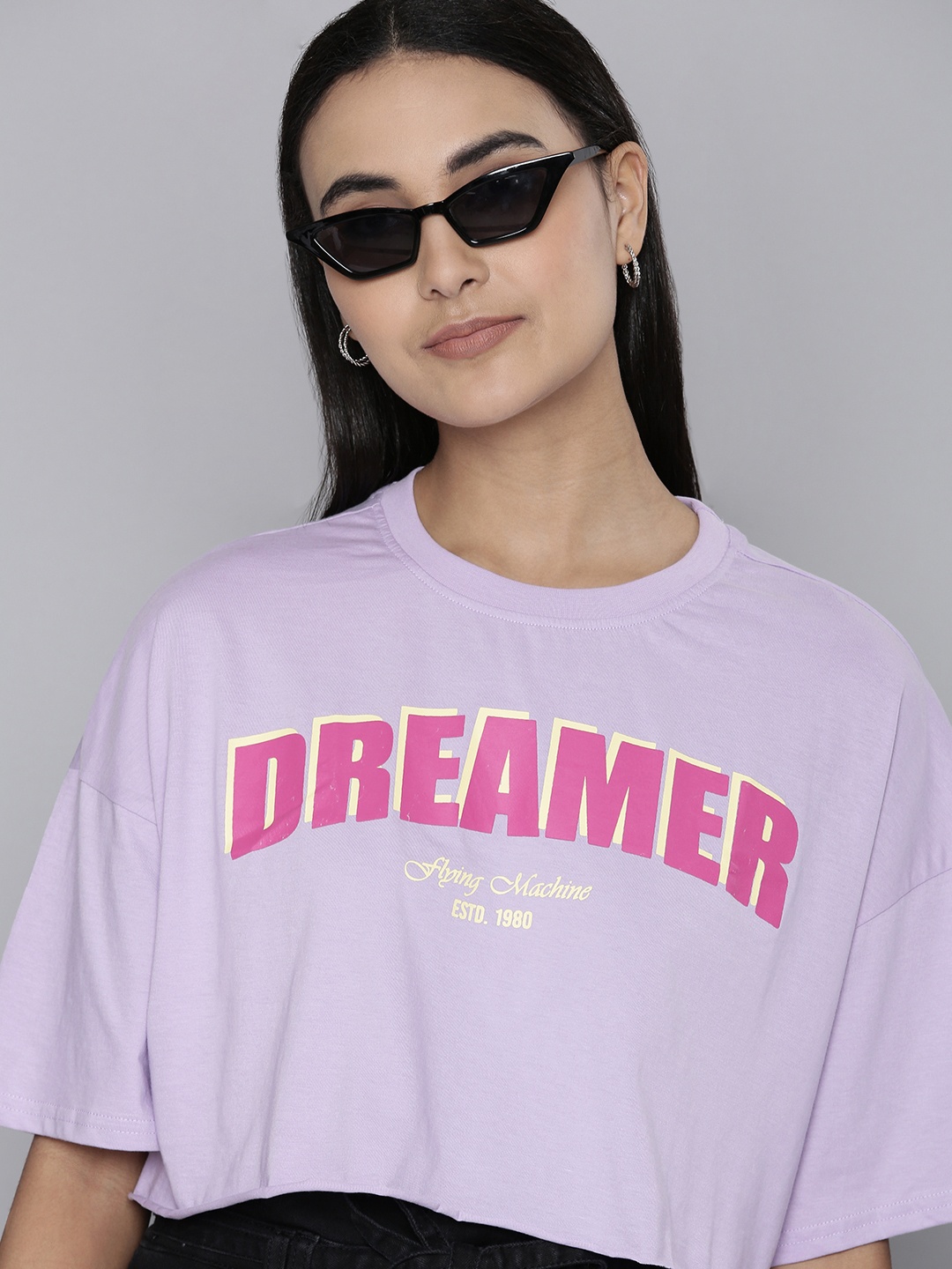 

Flying Machine Women Lavender Printed Drop-Shoulder Sleeves Pure Cotton Boxy T-shirt