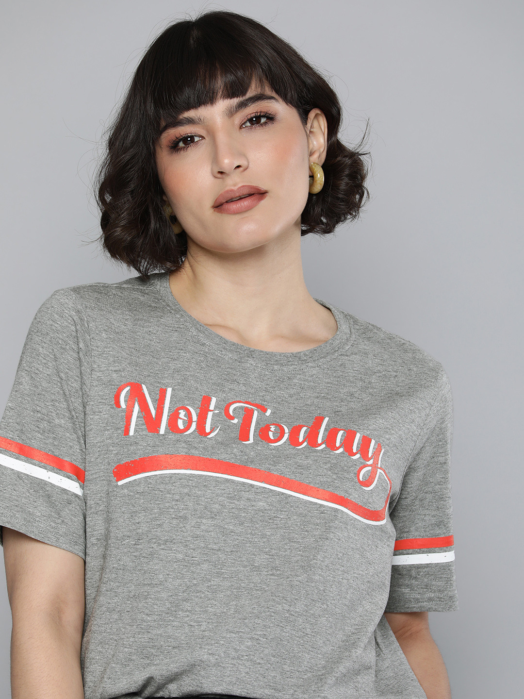 

Flying Machine Women Grey Melange Typography Printed T-shirt