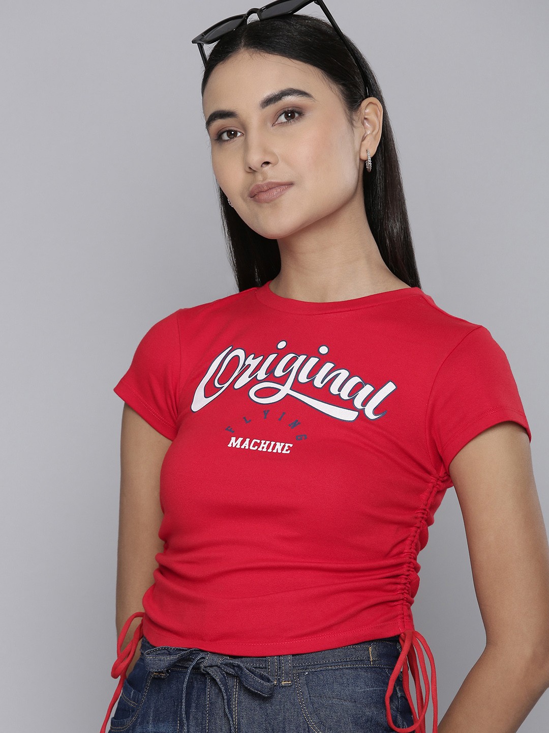 

Flying Machine Women Red Typography Printed Crop T-shirt with Tie-Ups