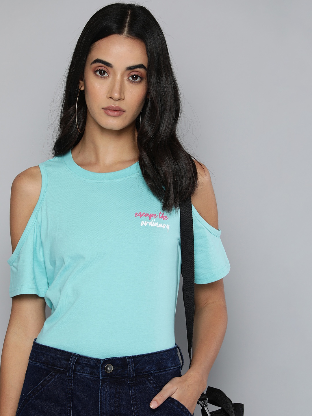 

Flying Machine Women Sea Green Typography Printed Pure Cotton Boxy T-shirt