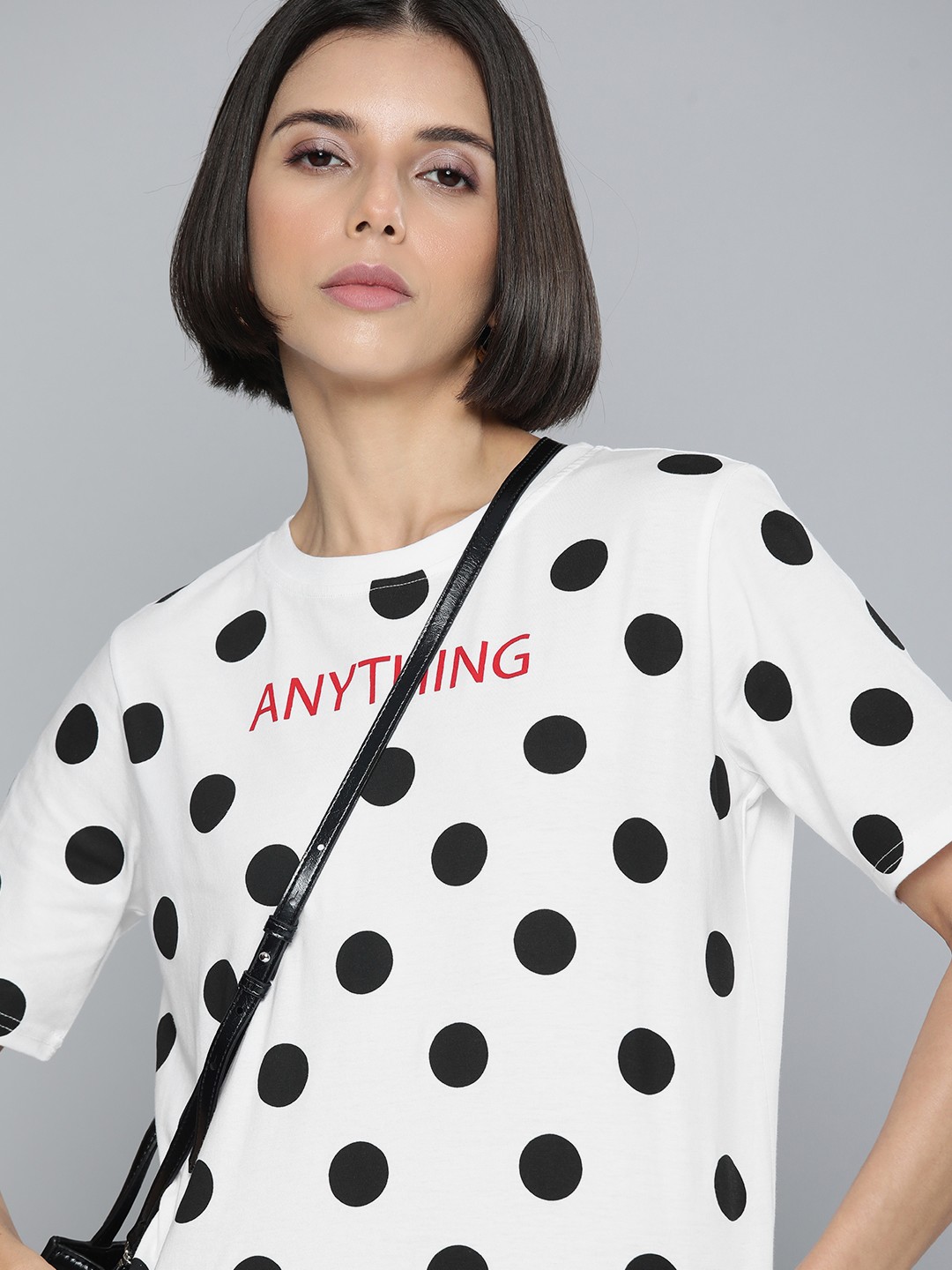 

Flying Machine Women White & Black Printed Applique Pure Cotton Boxy T-shirt