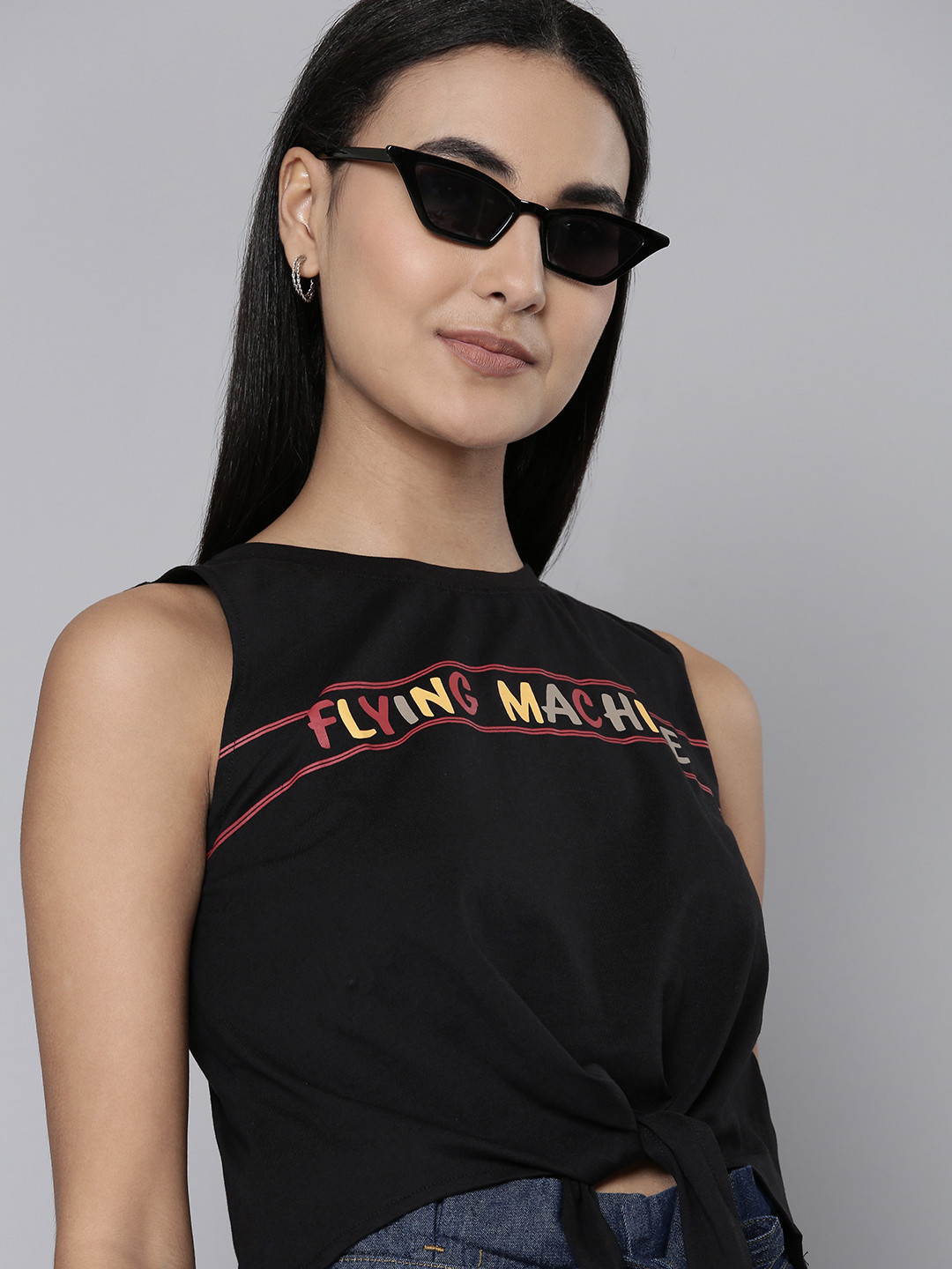 

Flying Machine Women Black Brand Logo Printed Pure Cotton Boxy T-shirt