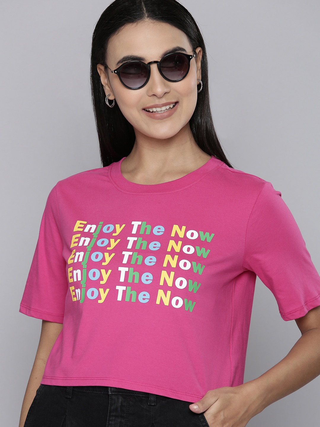 

Flying Machine Women Pink Typography Printed Extended Sleeves Pure Cotton Boxy T-shirt