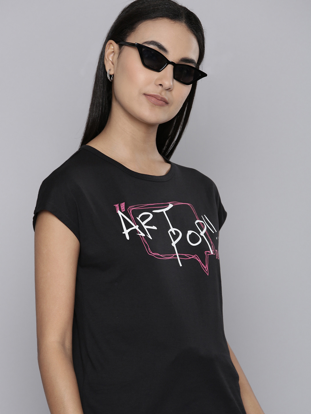 

Flying Machine Women Black Typography Printed Pure Cotton T-shirt