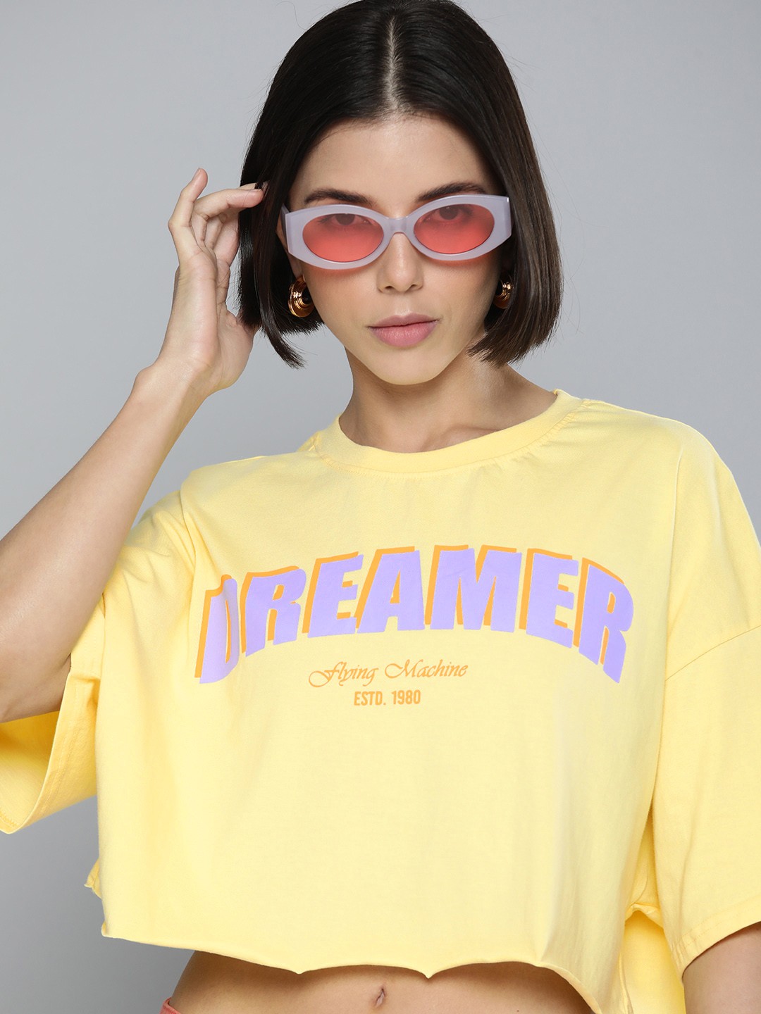 

Flying Machine Women Yellow & Purple Printed Drop-Shoulder Sleeves Crop Boxy T-shirt