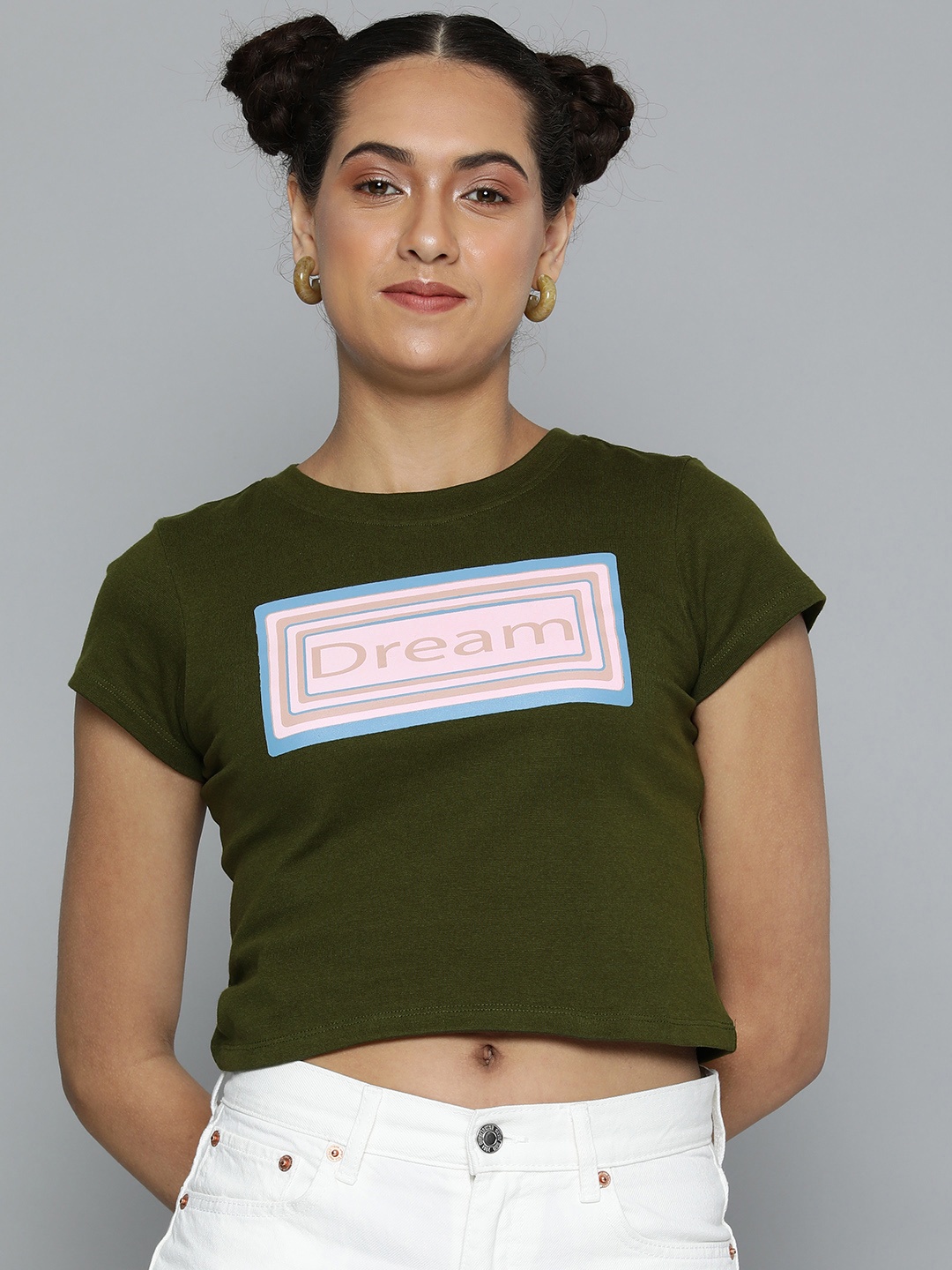 

Flying Machine Women Olive Green Typography Printed Boxy Cropped T-shirt