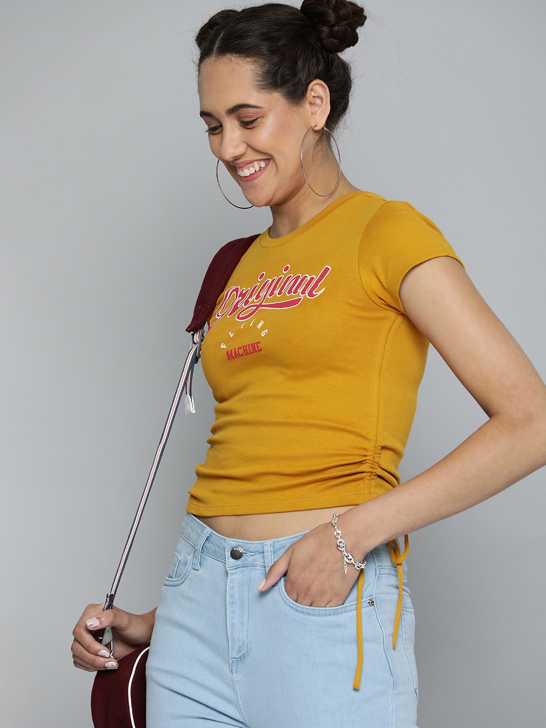 

Flying Machine Women Yellow Brand Logo Printed Crop T-shirt