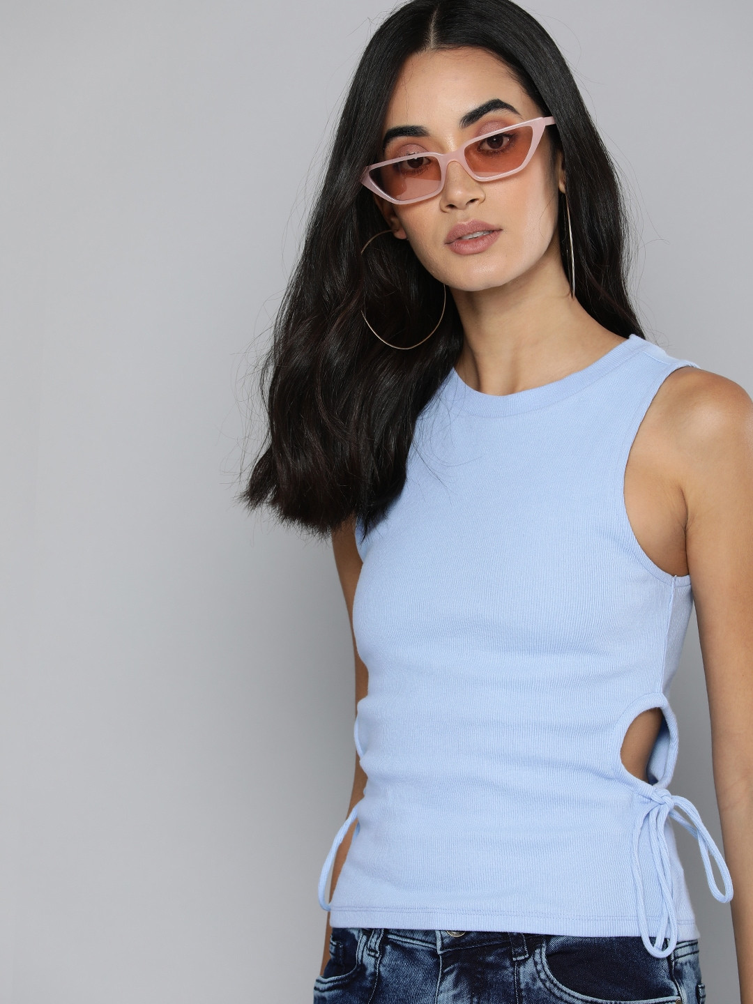 

Flying Machine Women Blue Ribbed Cut-Out Detail T-shirt