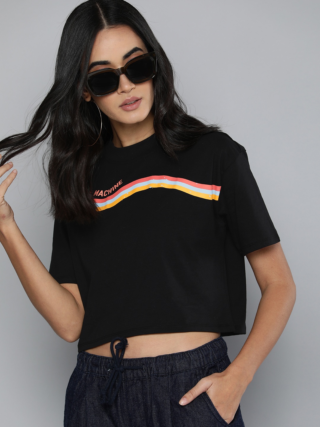 

Flying Machine Women Black Printed Pure Cotton Casual Boxy T-shirt