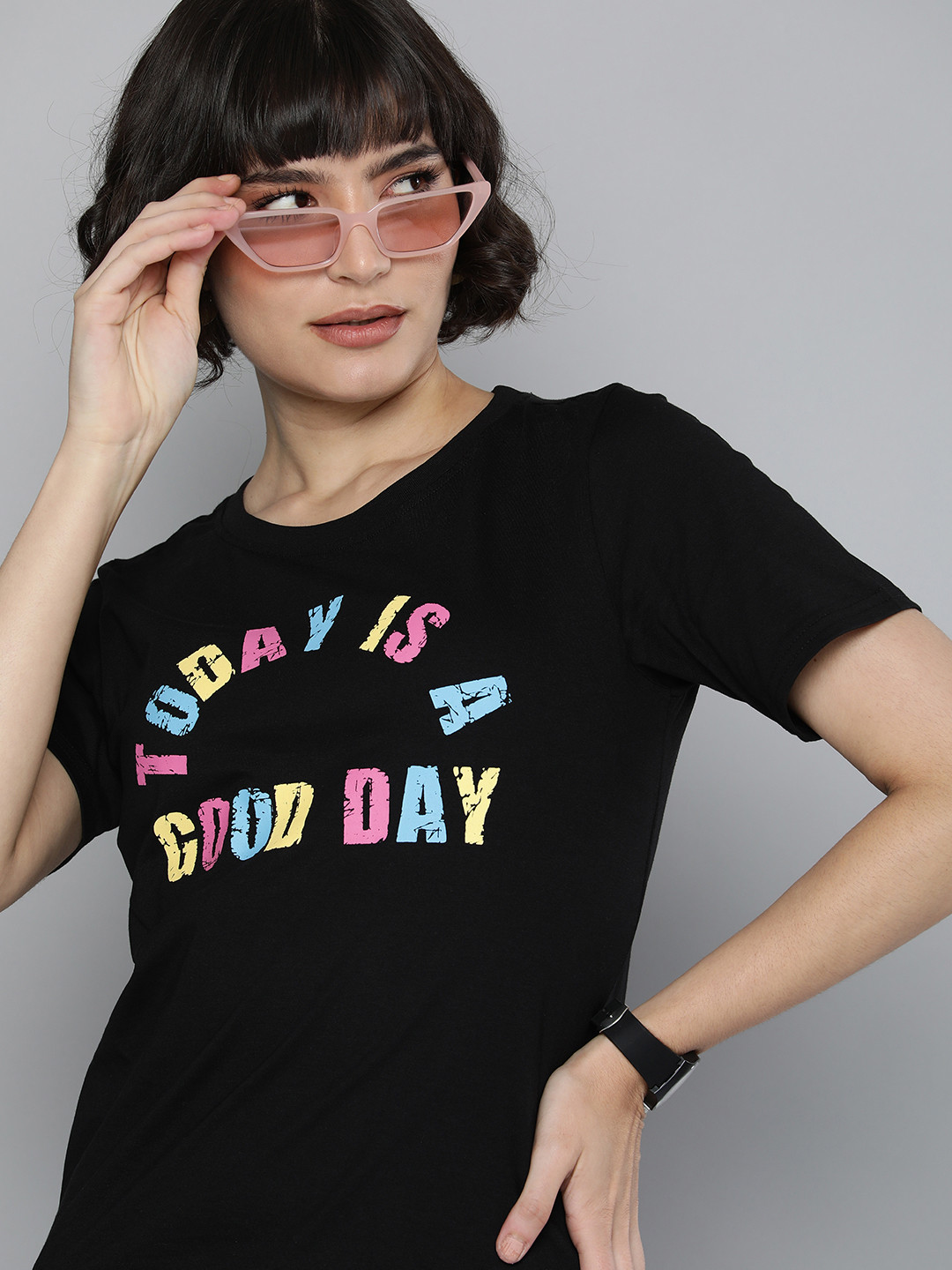 

Flying Machine Women Black Typography Printed Pure Cotton T-shirt