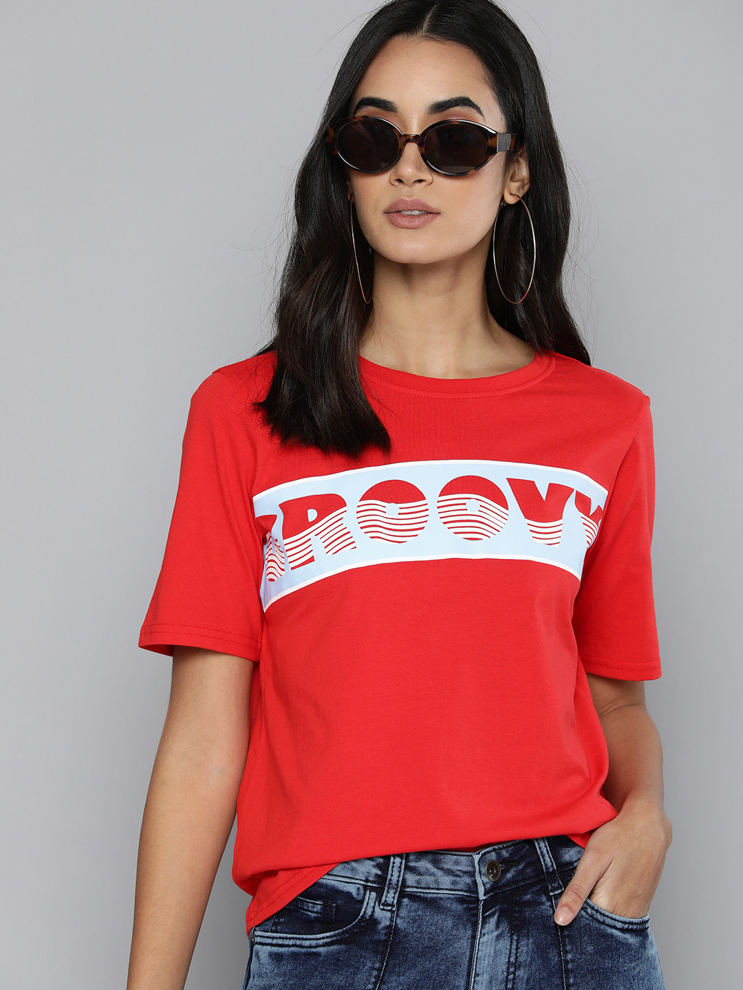 

Flying Machine Women Red Typography Printed Pure Cotton Boxy T-shirt