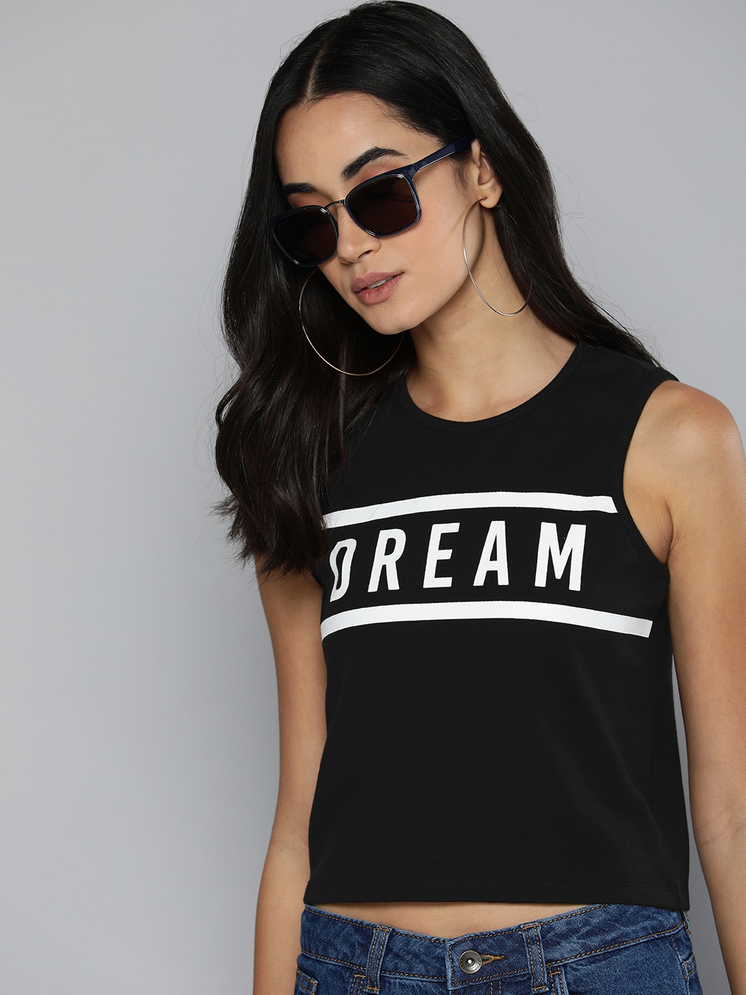 

Flying Machine Women Black & White Typography Printed T-shirt