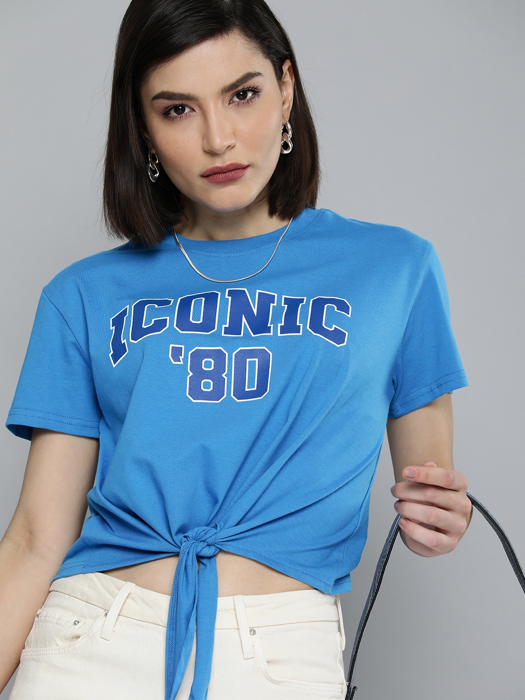 

Flying Machine Women Blue Typography Printed Pure Cotton Crop T-shirt