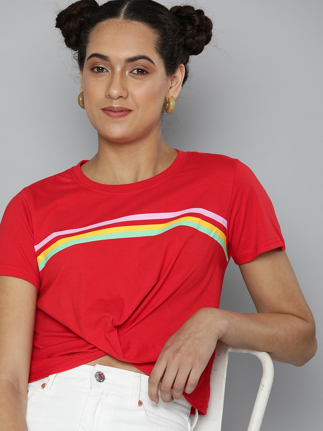 

Flying Machine Women Red Striped Boxy Pure Cotton T-shirt