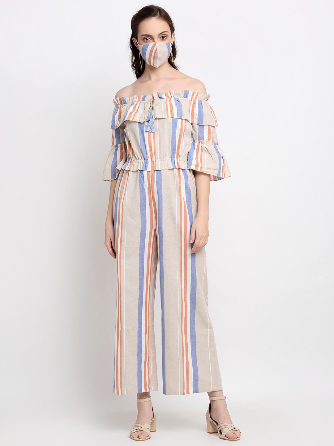 

DressBerry Women Beige & Blue Off-Shoulder Printed Basic Jumpsuit with Ruffles