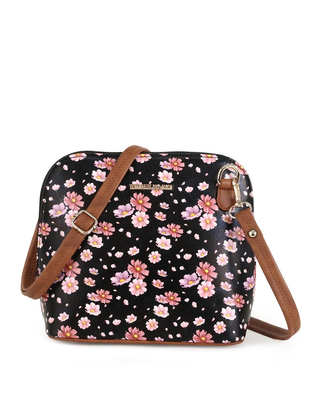 WOMEN MARKS Women Black Floral Printed PU Shopper Sling Bag