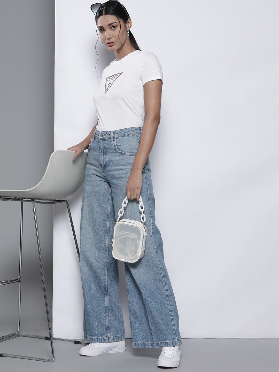 

GUESS Women White Brand Logo Printed Pure Cotton T-shirt
