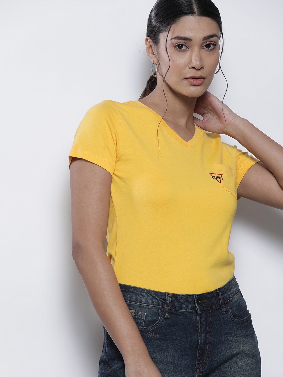 

GUESS Women Yellow Pure Cotton T-shirt
