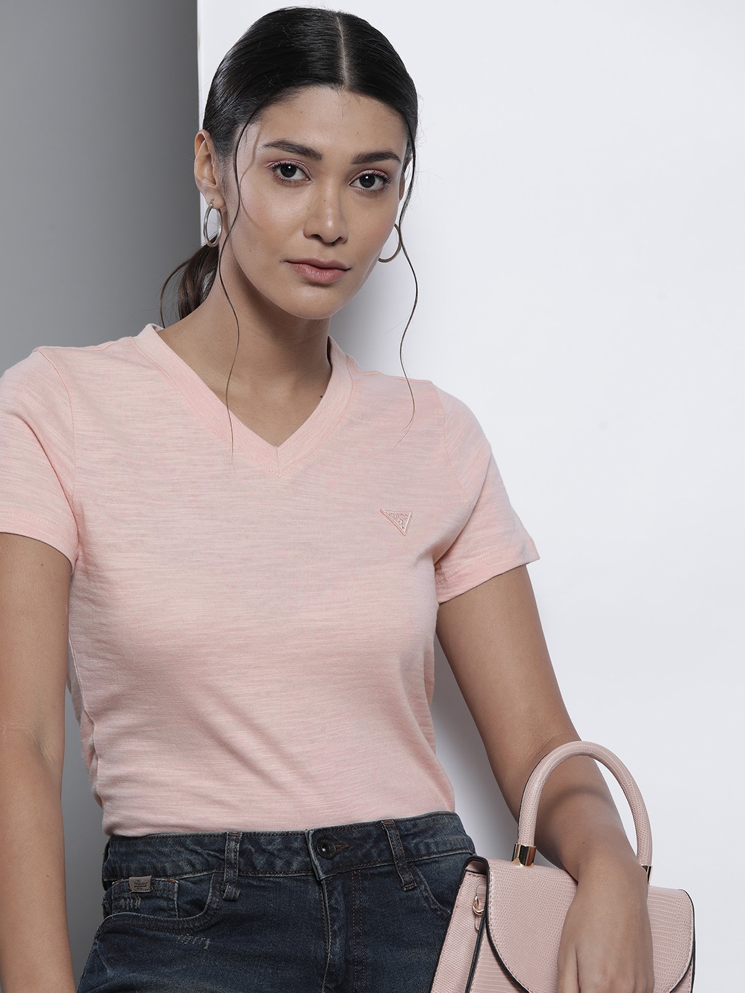 

GUESS Women Pink Solid Pure Cotton T-shirt