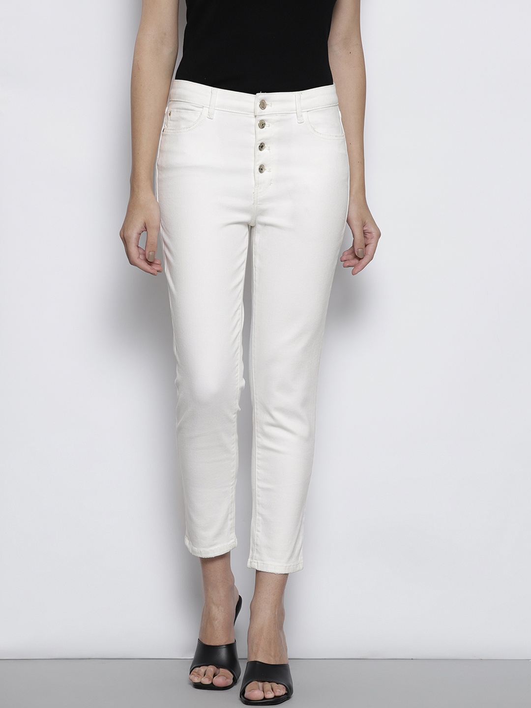 

GUESS Women Off White Skinny Fit High-Rise Jeans