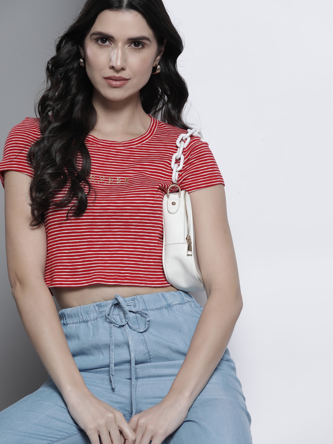 

GUESS Women Red & Off White Brand Logo Detail Striped T-shirt