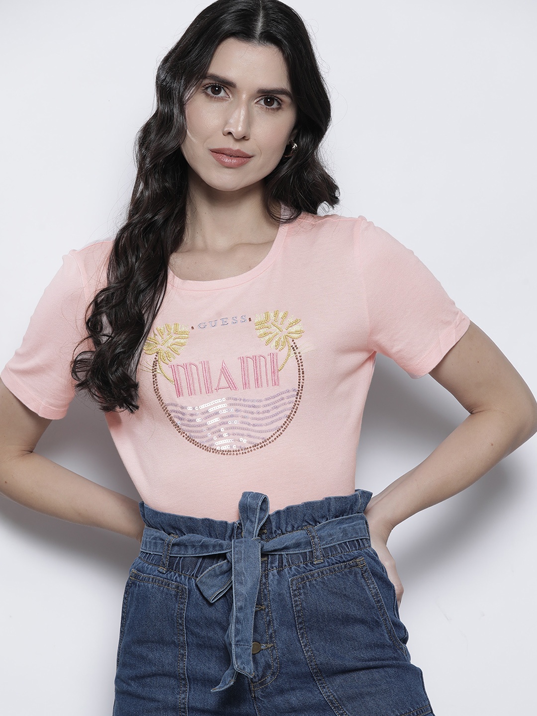 

GUESS Women Pink & Green Tropical Embroidered T-shirt