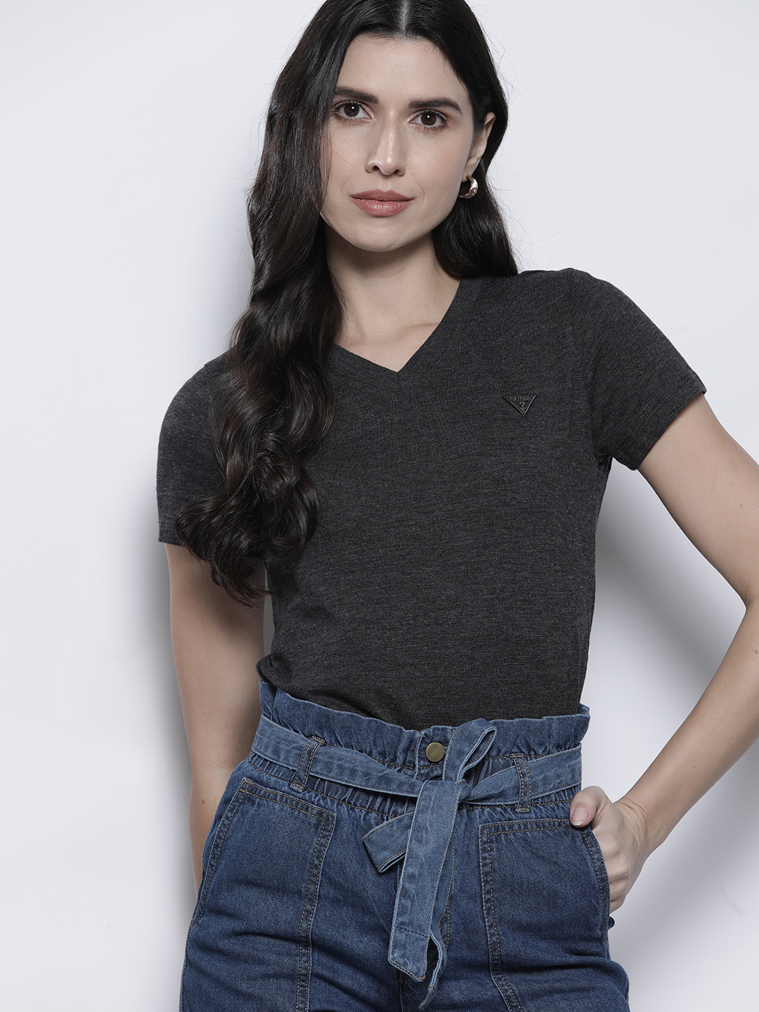 

GUESS Women Charcoal Grey Solid V-Neck T-shirt