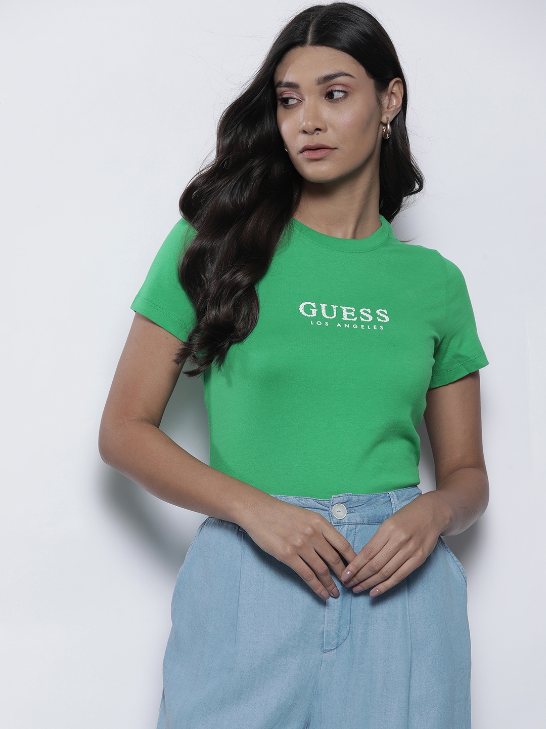 

GUESS Women Green & White Pure Cotton Brand Logo Printed T-shirt