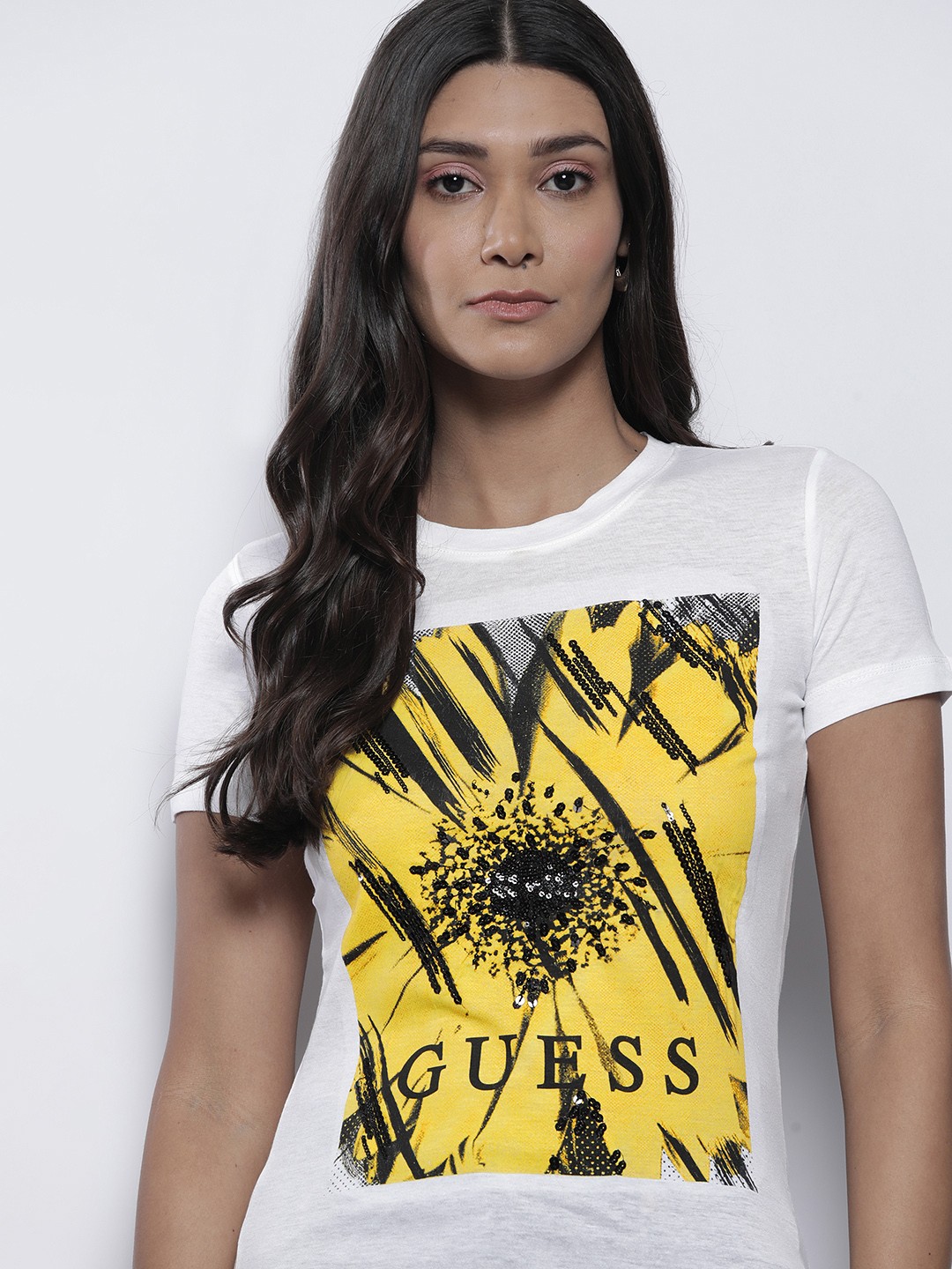 

GUESS Women White & Yellow Graphic Printed Embroidered Detail T-shirt