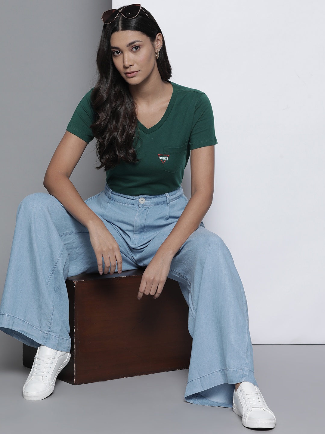 

GUESS Women Green Pure Cotton Solid V-Neck T-shirt