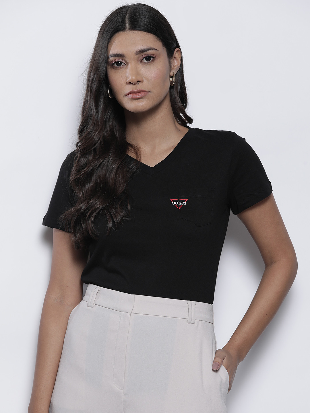 

GUESS Women Black Solid Pure Cotton T-shirt