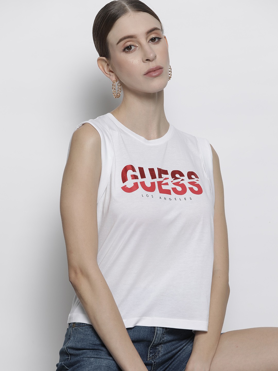 

GUESS White & Red Brand Logo Print Top