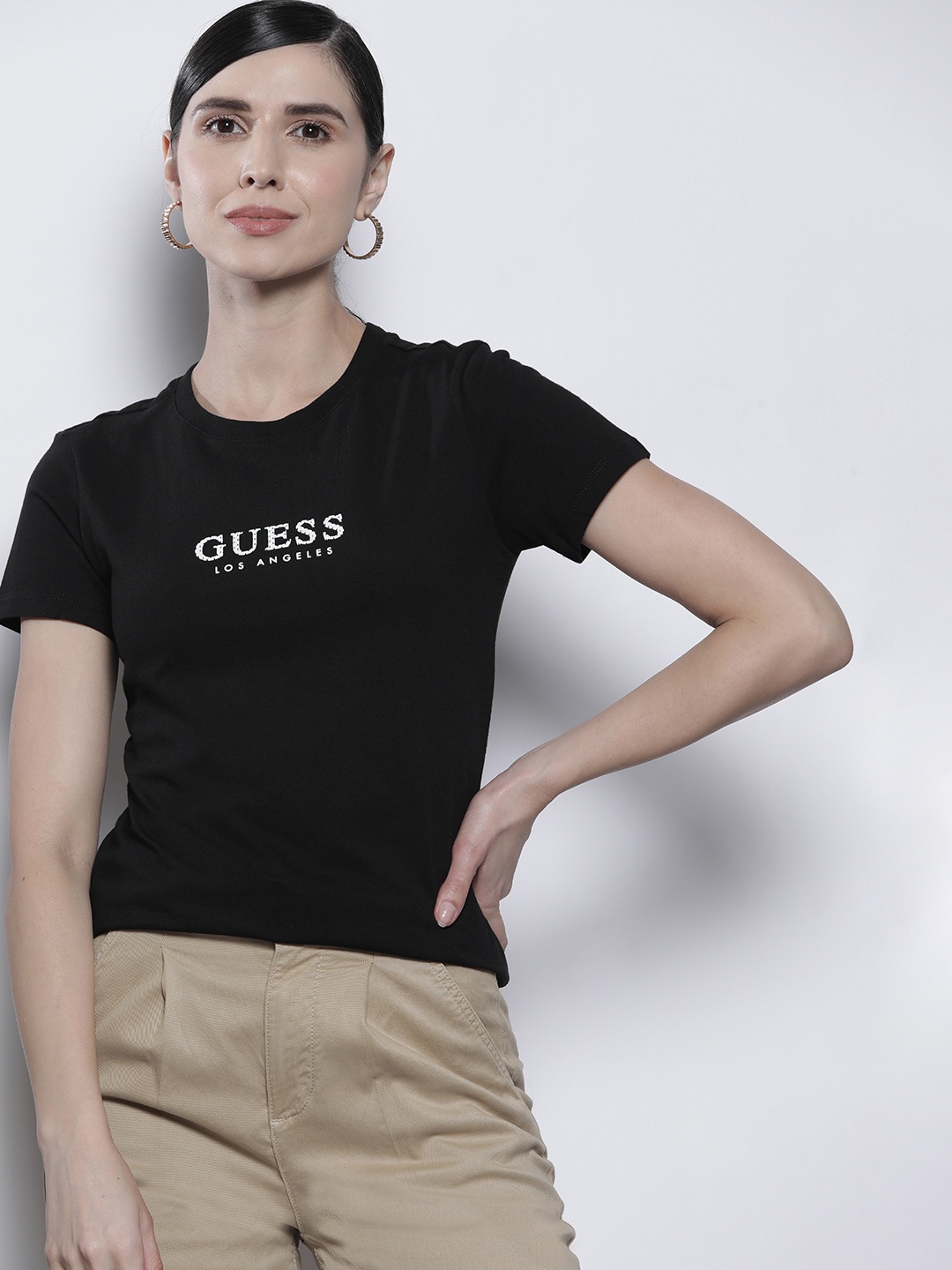 

GUESS Women Black Brand Logo Printed Pure Cotton T-shirt