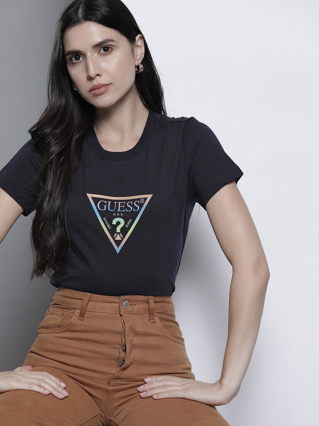

GUESS Women Navy Blue Brand Logo Printed Pure Cotton T-shirt