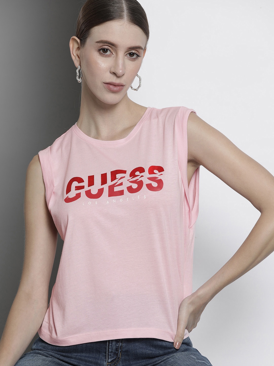 

GUESS Pink & Red Brand Logo Print Extended Sleeves Top