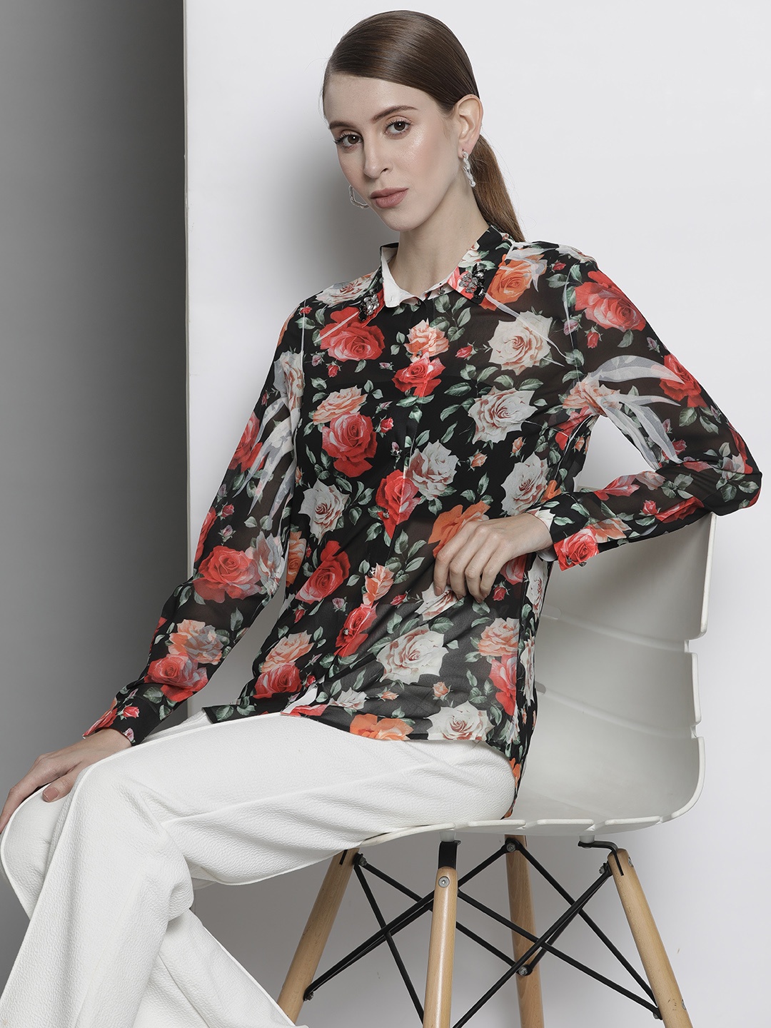 

GUESS Women Black Floral Printed Semi Sheer Casual Shirt