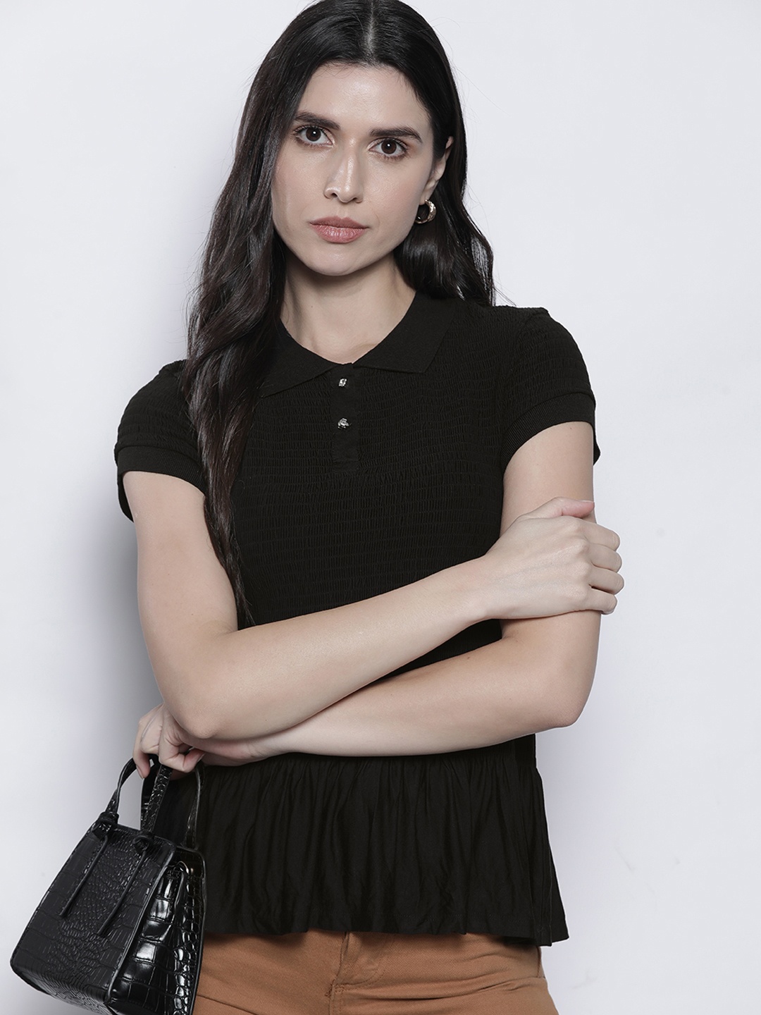 

GUESS Black Smocked Shirt Style Top