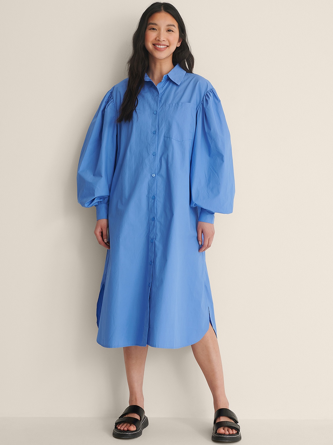 

NA-KD Blue Solid Pure Cotton Shirt Maxi Dress