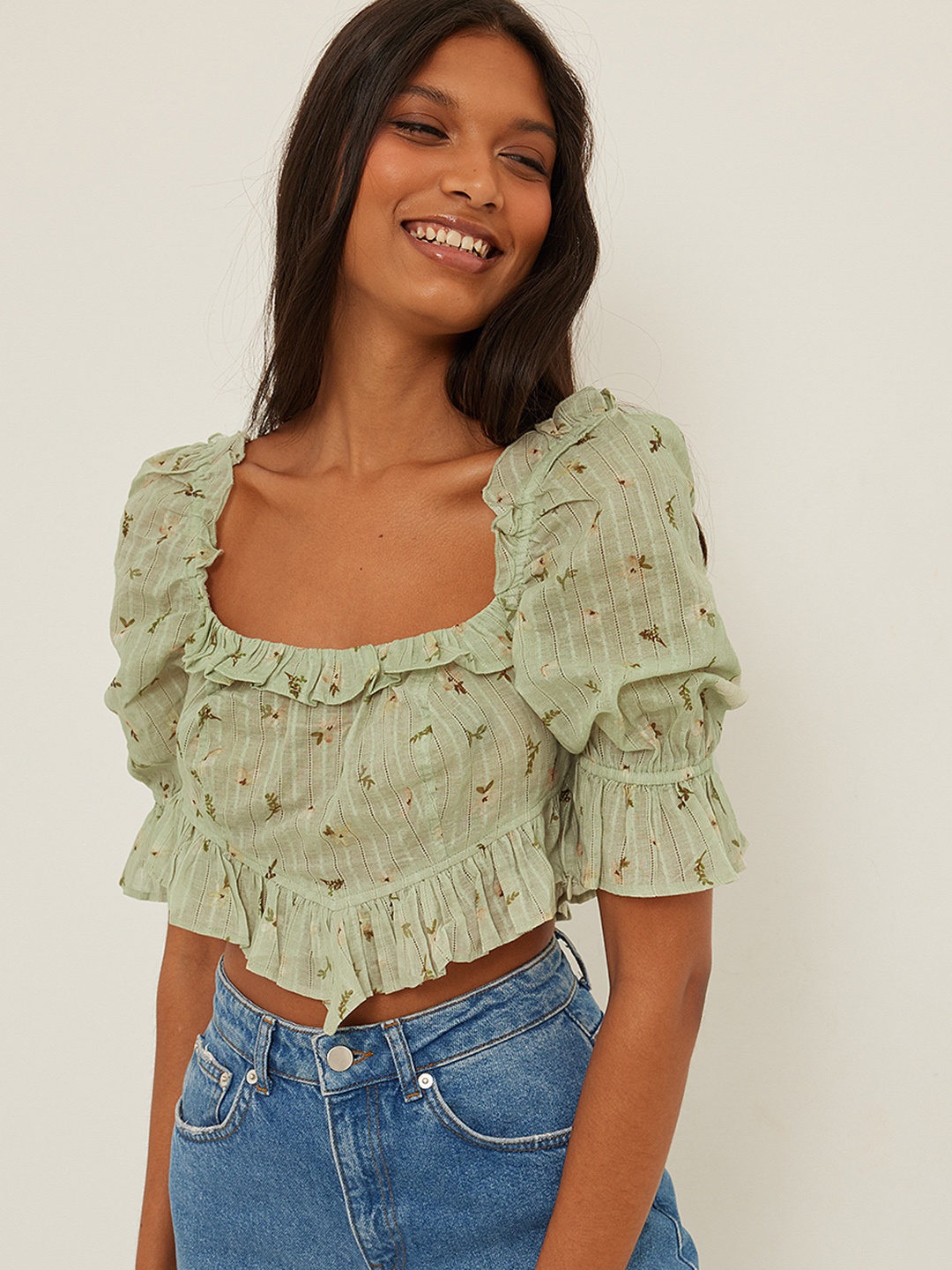 

NA-KD Green Floral Printed Ruffled Pure Cotton Crop Top