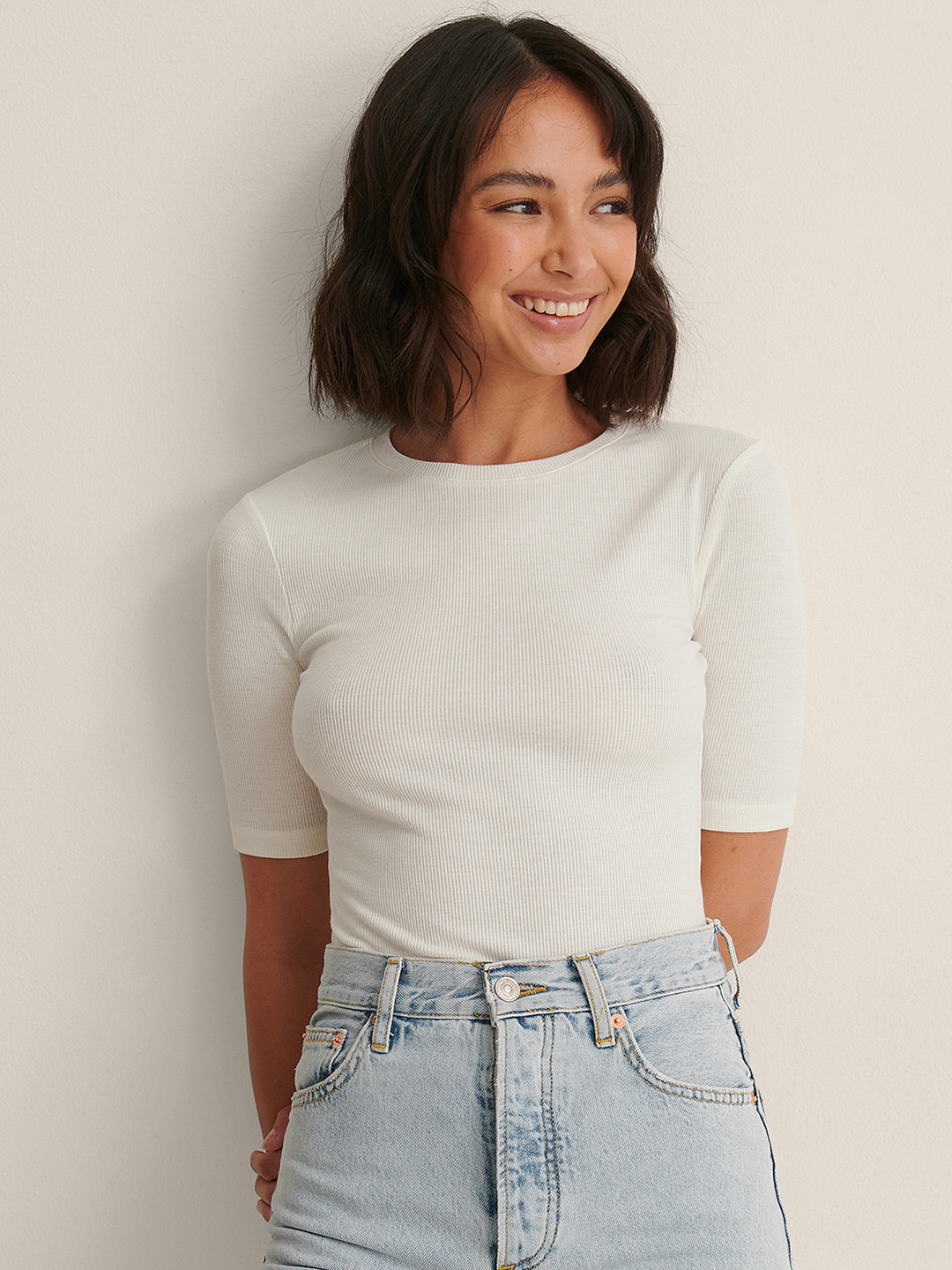 

NA-KD Women Off White Ribbed T-shirt