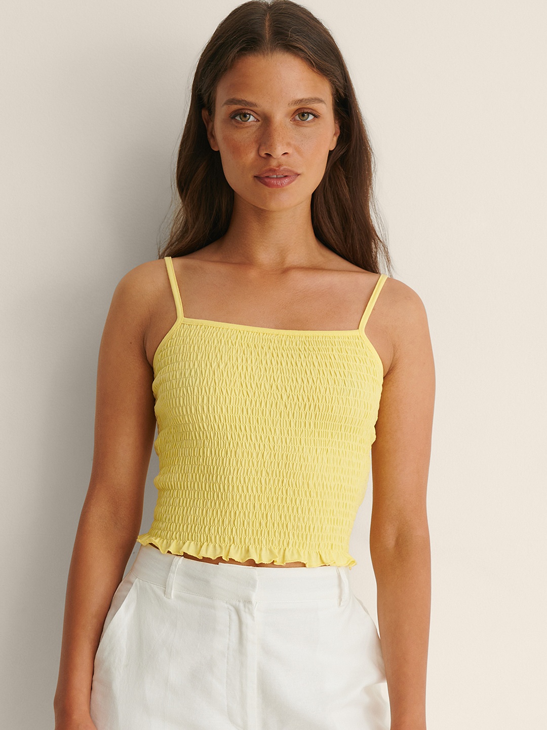 

NA-KD Yellow Solid Smocked Pure Cotton Top