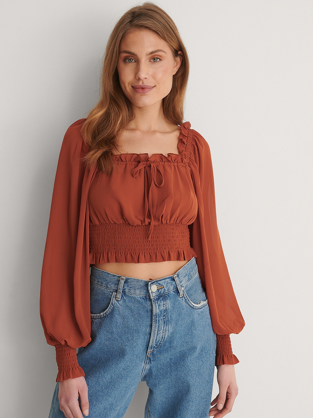 

NA-KD Women Rust Brown Solid Smocked Top with Puff Sleeves