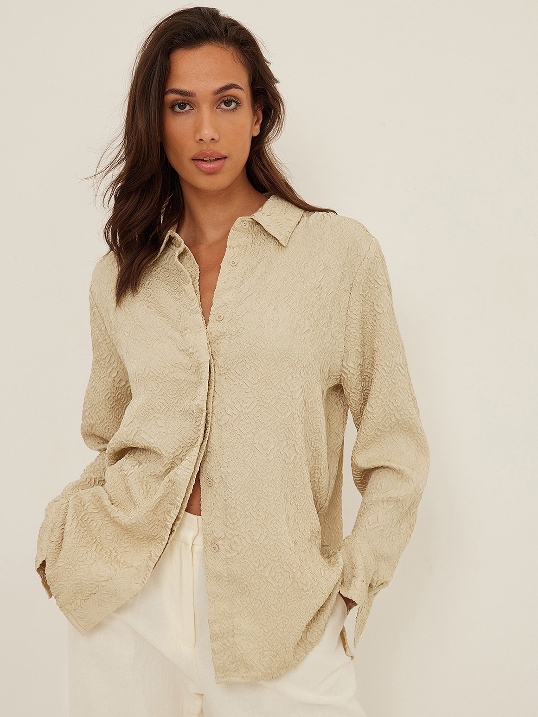 

NA-KD Women Beige Self-Design Textured Casual Shirt
